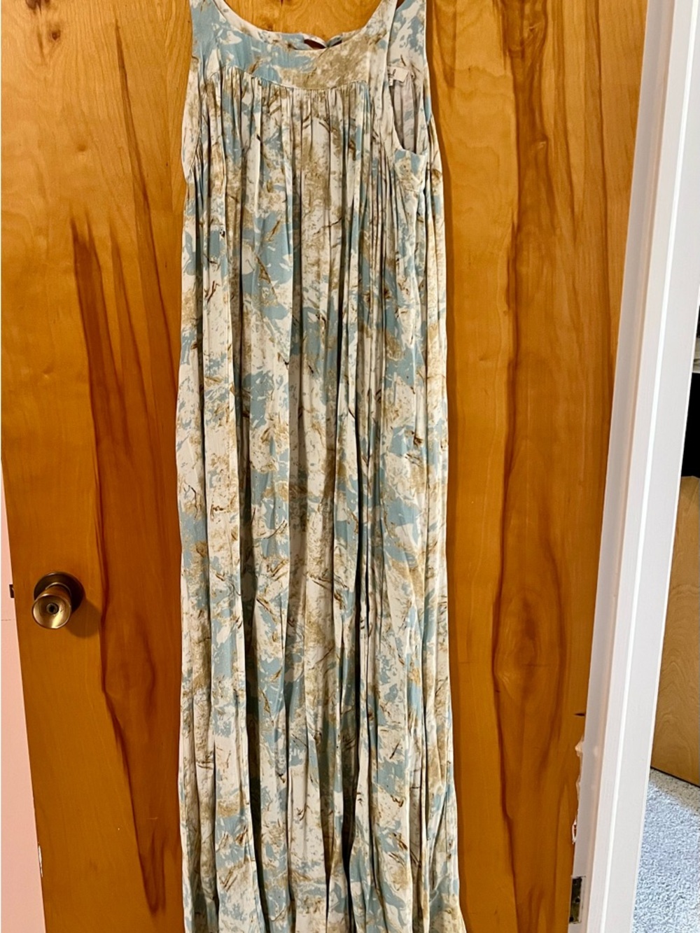Easel Blue and Cream Watercolor Print Maxi Dress